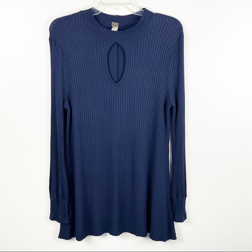 FREE PEOPLE Navy Copa Banana Long Sleeves Ribbed Keyhole Tunic Top Size Medium